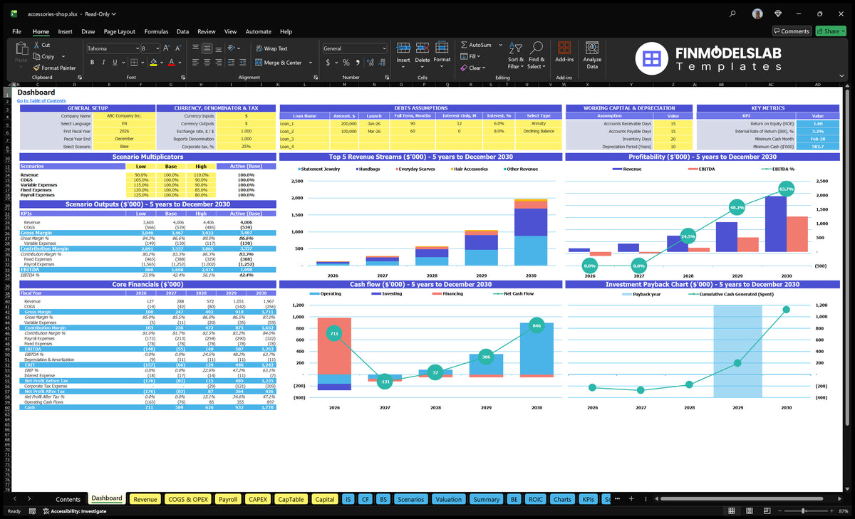 Accessories Storage of Dashboard with scenario control, basic financial data, a mixture of revenue, cash flow and repayment charts