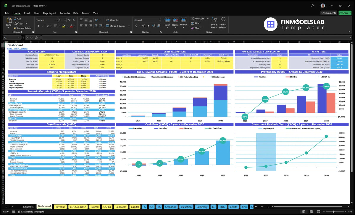 Worksheet of the navigation desktop showing control of scenarios, KPIs, revenue mix, profitability, cash flow and return on investment charts