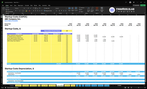 Hotel Acquisition Financial Model capex inputs showing acquisition and renovation capex, asset improvements, and financing timing; lets users customize purchase price, refurbishment schedules, and funding assumptions for scenario-ready forecasts