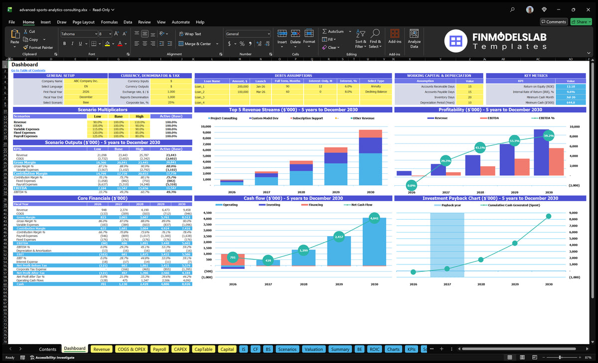 Dashboard showing overall settings, scenario multipliers, basic finances, mix of revenue, profitability, cash flow and return on investment charts