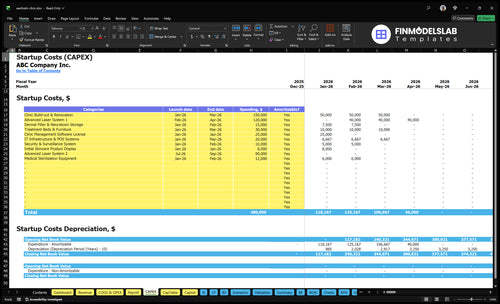 Aesthetic Clinic Financial Model capex inputs detailing capital expenditures, equipment purchases and setup costs, letting users customize investment timing, depreciation methods and funding needs for projections.