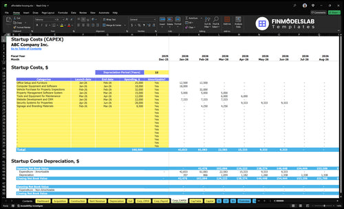 Affordable Housing Development Financial Model capex inputs showing project capital expenditure schedule, asset purchases, construction drawdowns and contingency lines so users customize costs and plan funding.