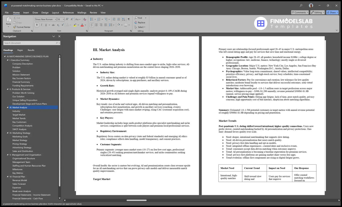 Ai Matchmaking Service Plan Template: 12-Mo Breakeven, 26-Mo Payback