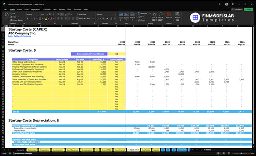 Airbnb Property Management Financial Model capex inputs tab showing capital expenditure planning, asset purchase schedules and depreciation assumptions to customize investment timing and funding needs.