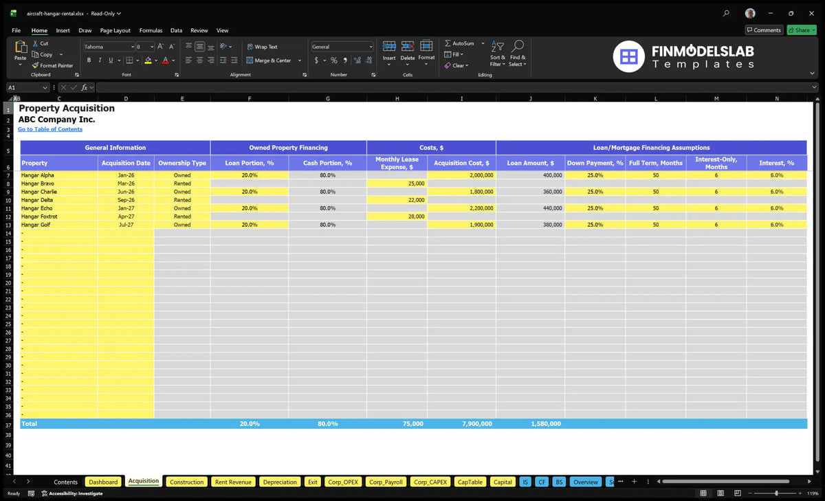 Aircraft Hangar Rental Excel Financial Model for Startups