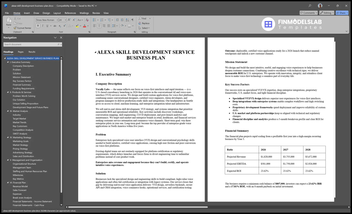 Alexa Skill Development Service Plan: 5Y Forecasts, 24% IRR, $1.8M Y1