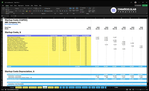 Anti-Money Laundering Compliance Service Financial Model capex inputs showing capital expenditure categories and timelines, letting users customize startup equipment, software and implementation costs for scenario-ready forecasting.