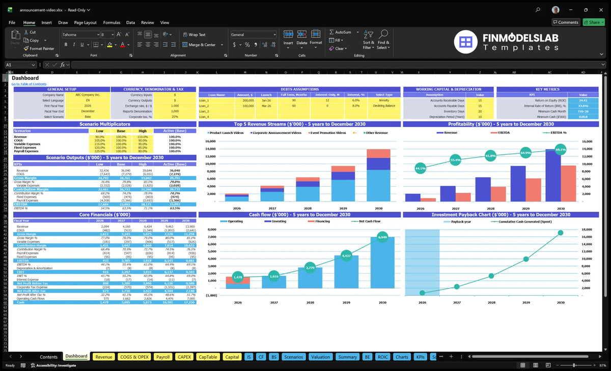 Dashboard showing model settings, scenario multipliers, financial KPIs, revenue mix, profitability, cash flow and return on investment charts