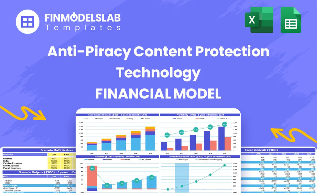 Anti-Piracy Content Protection Technology Financial Model head image summarizing the model’s purpose, key sections, and how it helps forecast revenue, costs, funding needs and investor-ready reporting.
