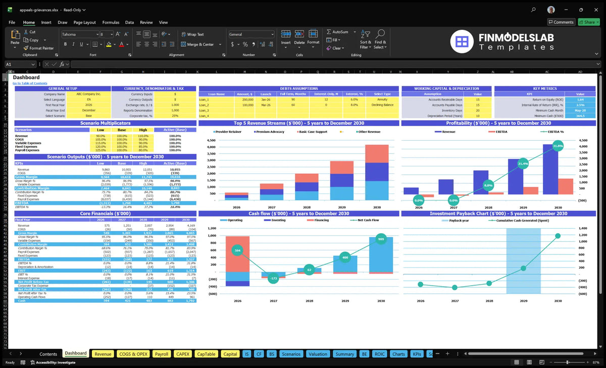 Dashboard showing the overall setting, scenario multipliers, KPIs, core finances, mix revenue, profitability, cash flow and return on investment charts.