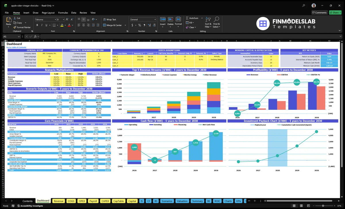 Dashboard for the Apple Cider Vinegar Shot financial model showing configuration controls, scenario multipliers, key indicators, revenue mix, profitability, cash flow and return charts