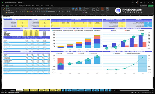 Aquatic Therapy Center Financial Model dashboard summarizes key KPIs, runway/cash and performance with a dynamic dashboard, highlighting cash-flow blind spots and investor-ready charts.