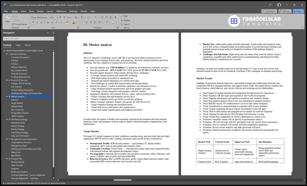 Ar/Vr Development Lab Plan Template: 5-Year Forecasts & 3-Mo Breakeven