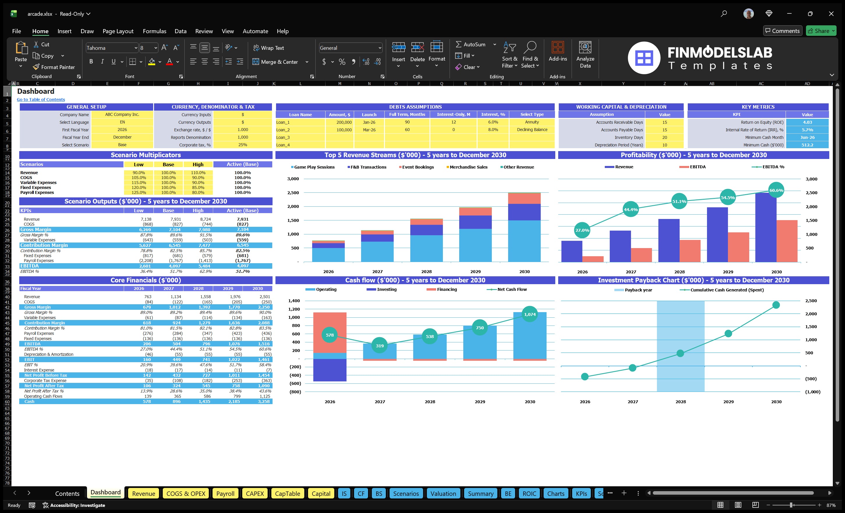 arcade financial model dashboard financialmodelslab