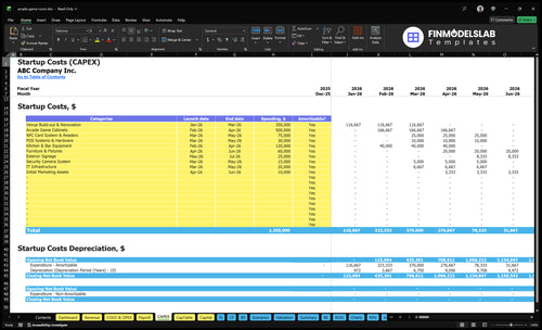Arcade Game Room Financial Model capex inputs letting users customize startup and ongoing capital expenditures, purchase schedules, depreciation methods and funding sources for scenario-ready forecasts.