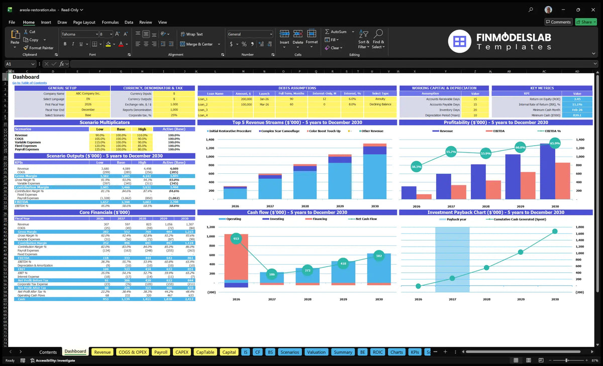 The Areola Restoration Tattooing Dashboard chart showing scenarios multipliers, KPIs, a mix of revenue, profitability, basic finance, cash flow and return on investment charts.