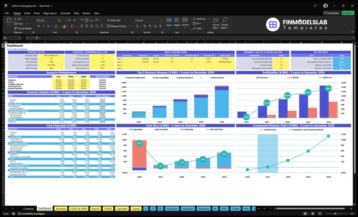 Dashboard of the Photographic Services of the Museum of Art showing scenarios multipliers, KPIs, mix of revenue, profitability, basic finance, cash flow and return on investment charts.