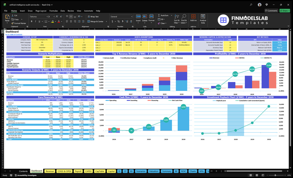 Dashboard AI Audit Service showing model setting, scenario multipliers, financial summaries, mix of revenue, cash flow, profitability and return on investment charts