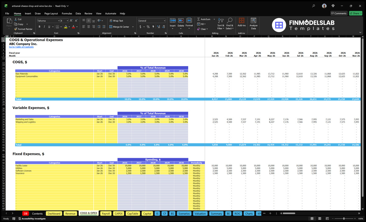 Cheese and Wine Bar COGS and OPEX worksheet financial models with direct costs, variable costs, fixed operating expenses and monthly calculations