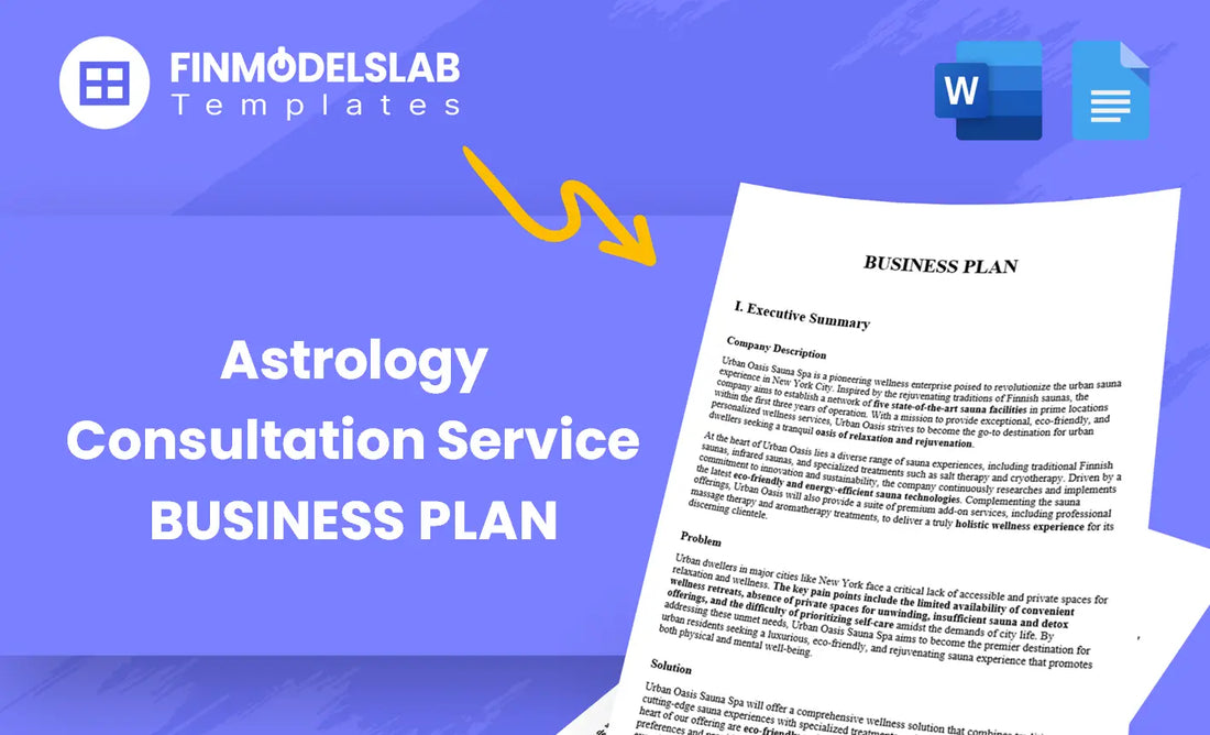 Astrology Consultation Service Business Plan - built for astrologers and wellness entrepreneurs to launch services and attract clients, with pre-written content, investor-ready formatting, high-level forecasts, saving time and meeting lender/investor standards.