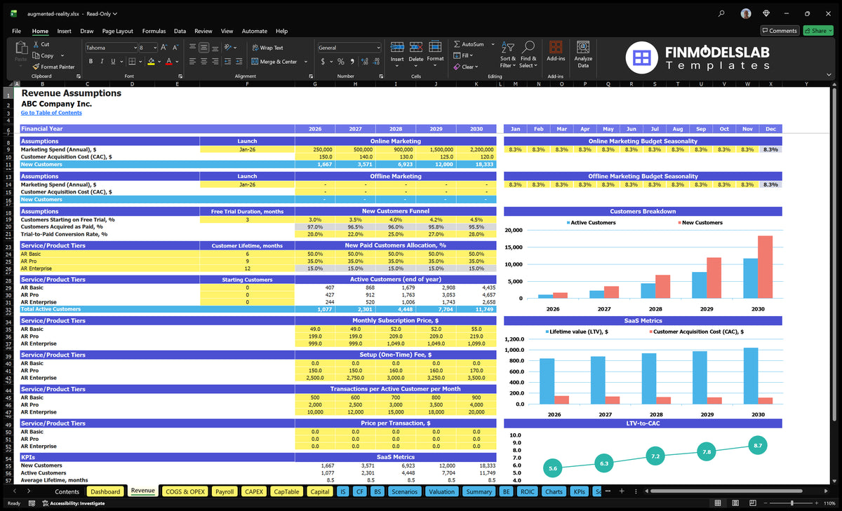 Revenue sheet showing the purchase of marketing, conversion process, customer levels, active subscribers, subscription prices, configuration fees and transaction assumptions.