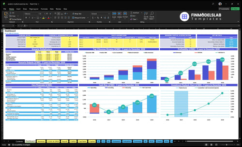 Aviation Medical Examiner Practice Financial Model dashboard summarizing key KPIs, runway and cash position with a dynamic dashboard view for performance tracking and investor-ready reporting, reducing cash-flow blind spots