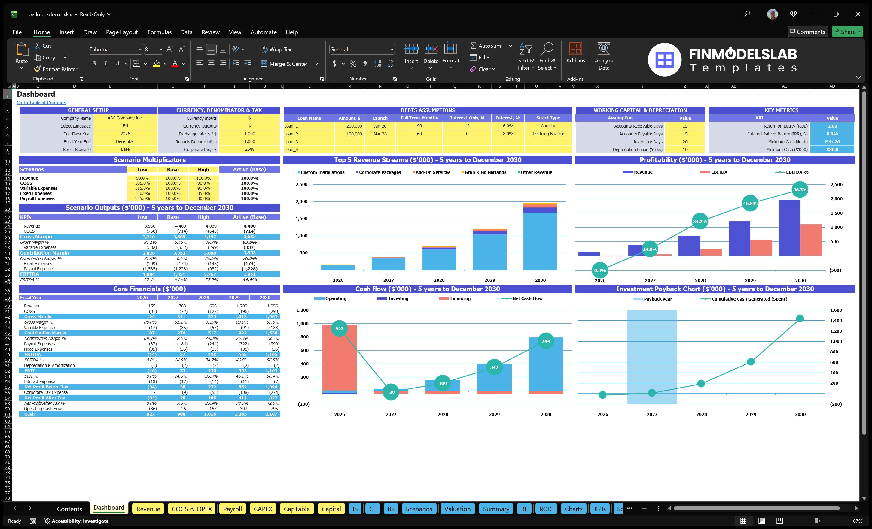 Dashboard balloon decorating service showing scenario entries, basic finances, revenue mix, profitability, cash flow and return charts