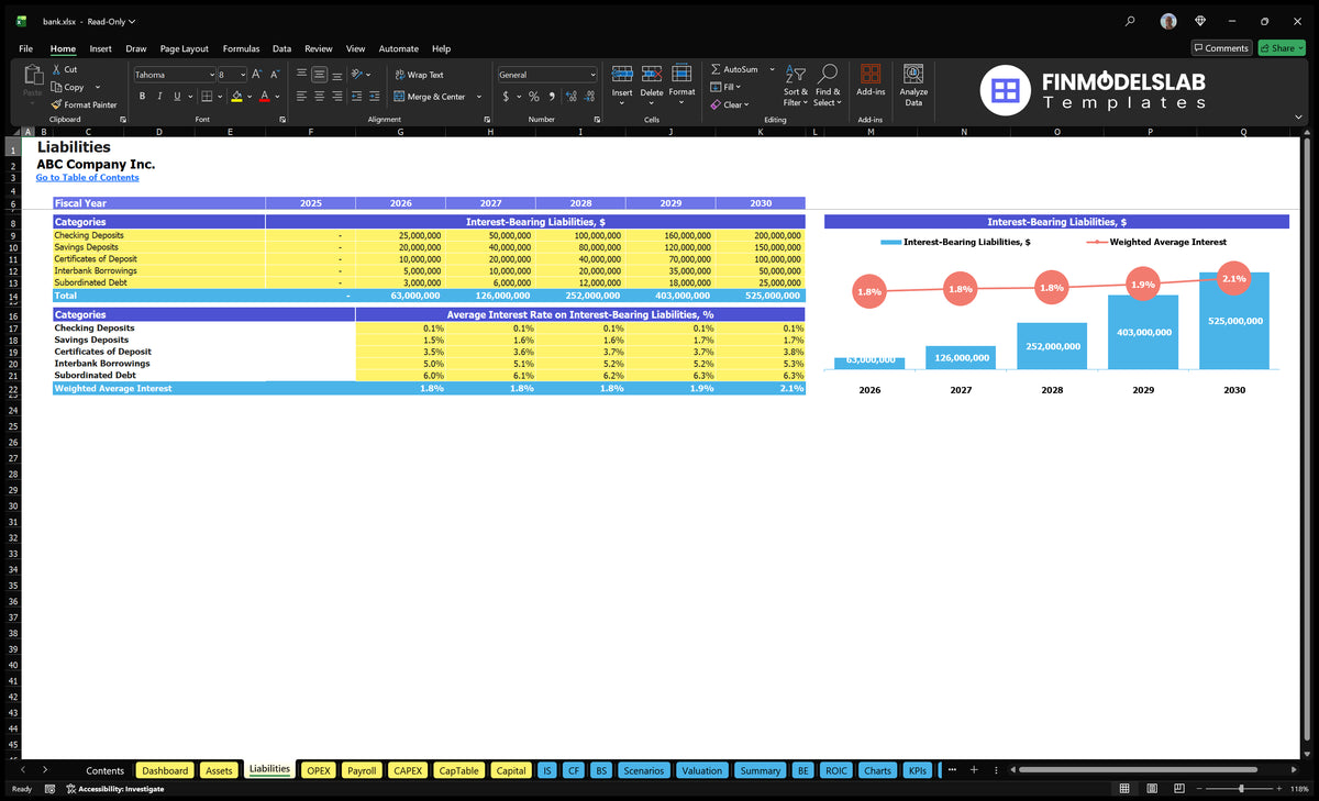 Editable Bank Financial Model