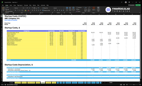 Banquet Hall Financial Model capex inputs showing customizable capital expenditure items and timelines, letting users define equipment, renovations and one-time startup costs for scenario-ready projections.