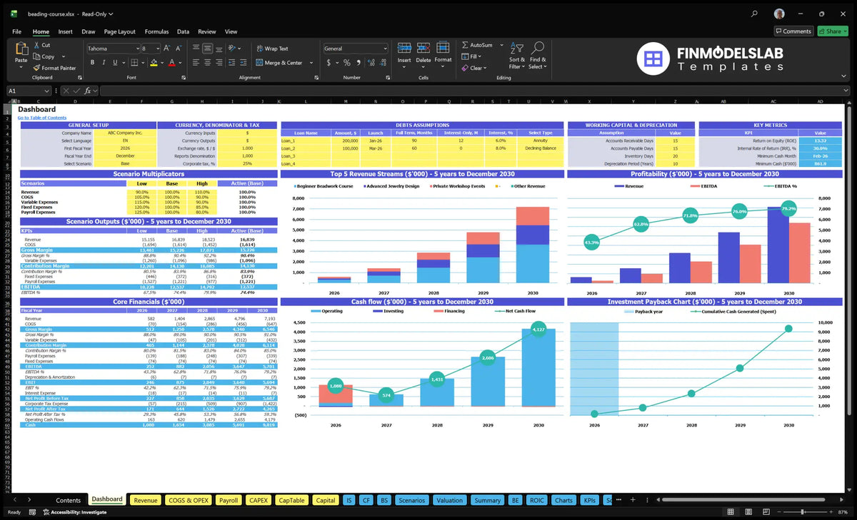 Basic financial model with configuration control, scenario results, mixture of revenue, profitability, cash flow, wages and rates of return