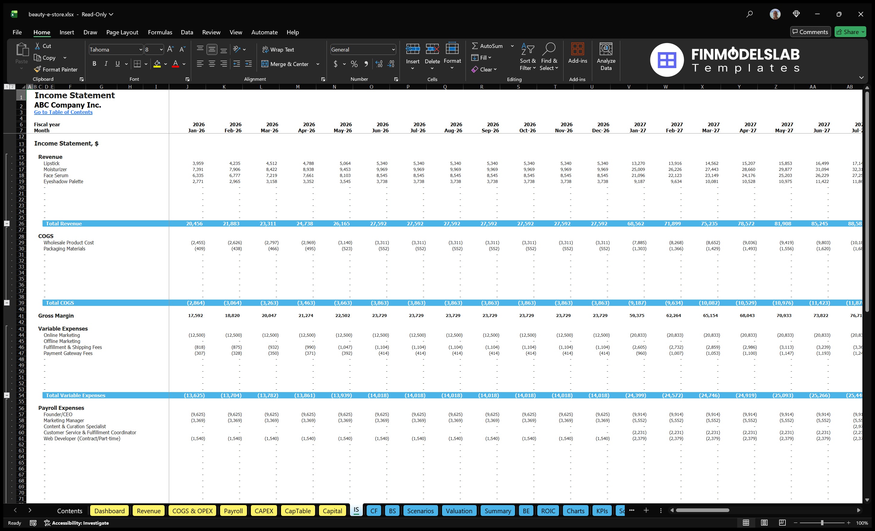 beauty e store financial model income statement financialmodelslab