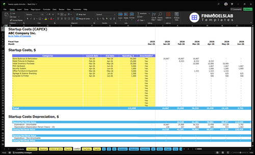 Beauty Supply Store Financial Model capex inputs tab showing customizable capital expenditure items, timing and depreciation assumptions so users model startup and growth investments and plan funding needs.