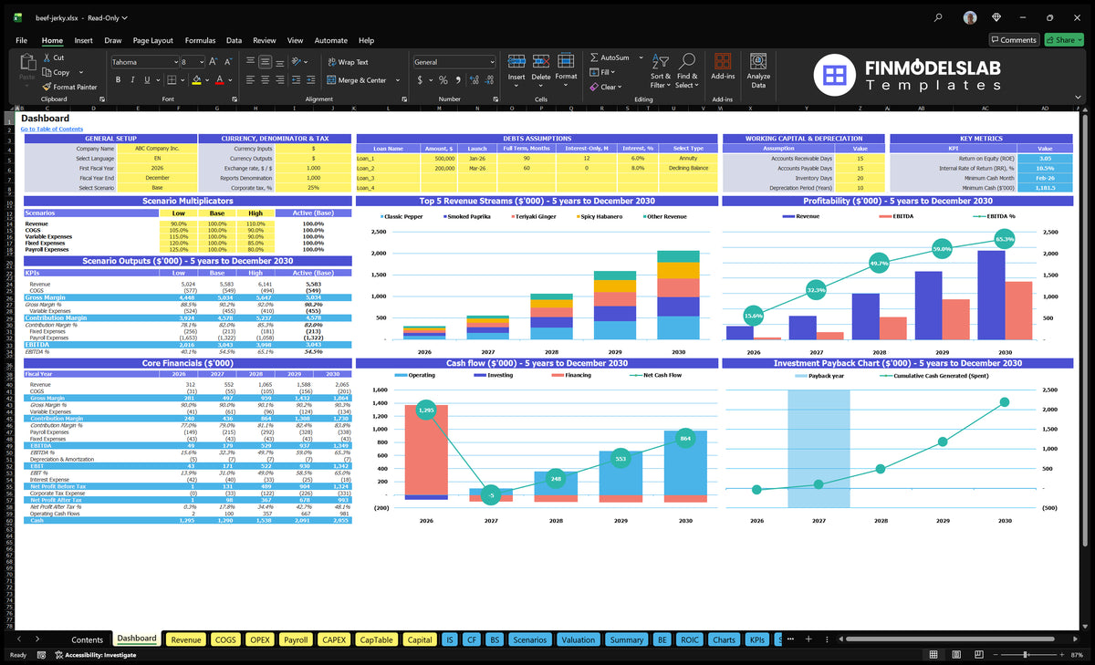 Dashboard with general configuration, scenario multipliers, basic financial data, mix of revenue, profitability, cash flow and repayment charts
