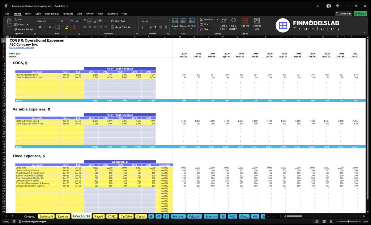 COGS and OPEX sheet with direct costs, variable expenditure, fixed expenditure, time fields and monthly schedules