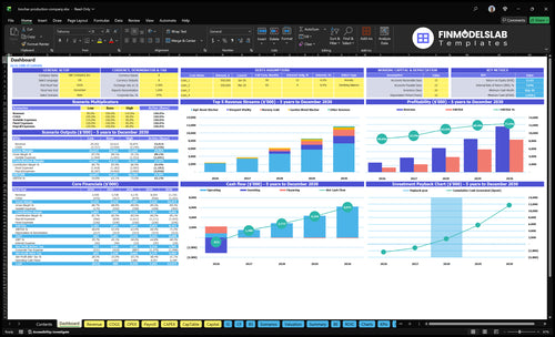 Biochar Production Financial Model dashboard summarizes key KPIs, runway/cash and performance with a dynamic dashboard, highlighting investor-ready charts and cash-flow blind spots for clear presentations.
