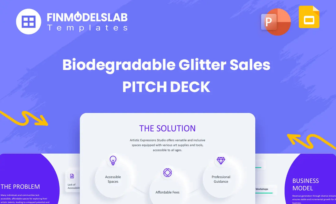 Biodegradable Glitter Sales Investment Pitch Deck - investor pitch built to win funding, with investor-ready structure, concise 8-slide format, visual storytelling, go-to-market plan; solves tight deadlines and unclear investor expectations