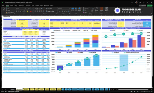 Waste-to-Biofuel Production Financial Model dashboard summarizing key KPIs, runway/cash and operational performance with a dynamic dashboard for investor-ready reporting and cash-flow visibility