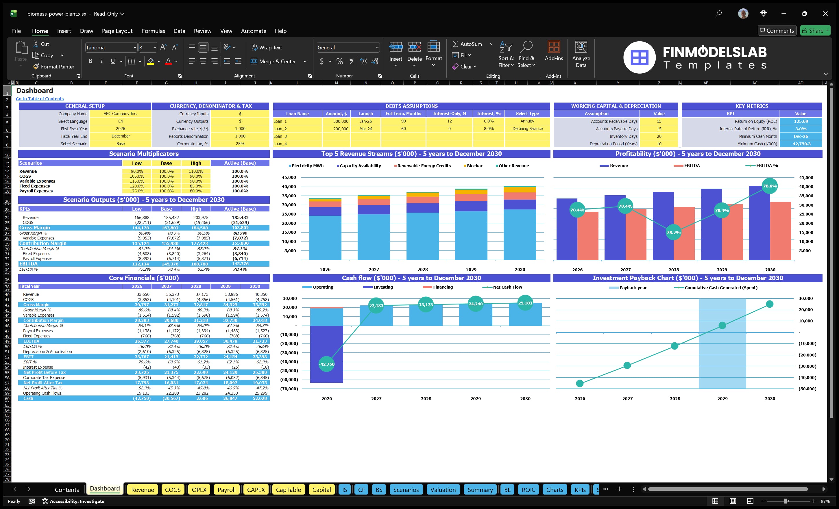biomass power plant financial model dashboard financialmodelslab