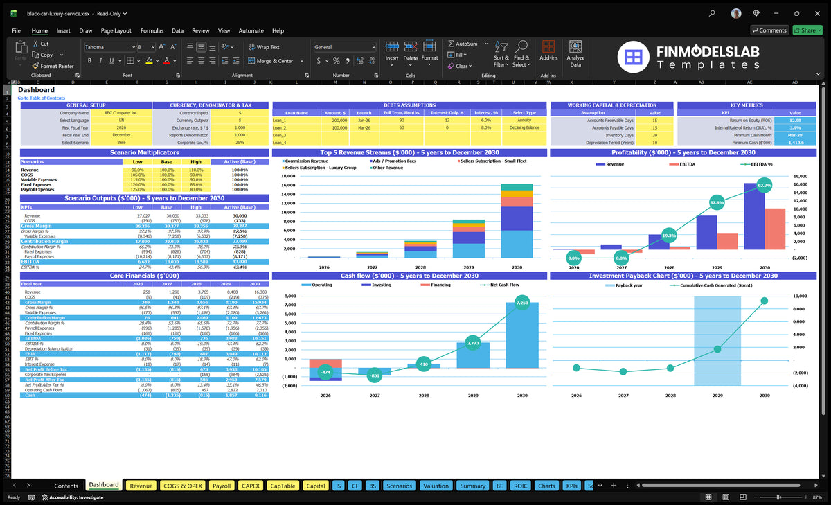 Car management blackboard with model setting, scenario multipliers, mix of revenue, profitability, basic finances, cash flow and repayment charts