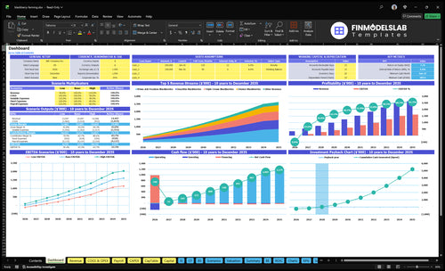 Blackberry Farming Financial Model dashboard summarizing key KPIs, runway and cash position with dynamic charts and investor-ready visuals to spot cash-flow blind spots and performance trends.