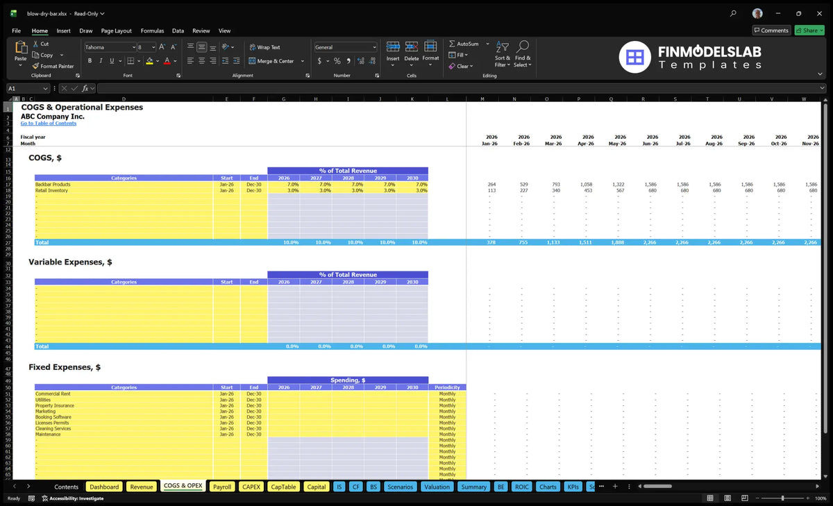 Worksheet COGS and operating expenses, including COGS percentages, variable cost assumptions, fixed cost schedules and monthly forecast results