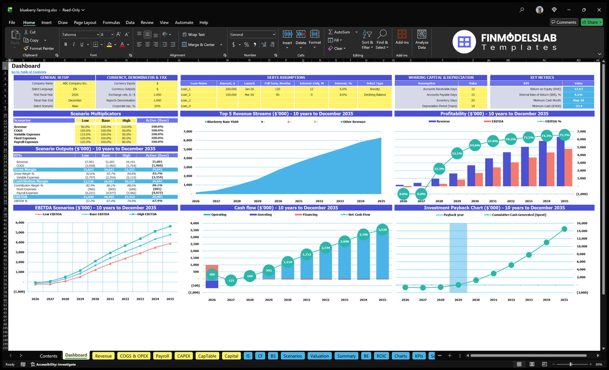 Blueberry Farming Dashboard with global configuration, scenarios multipliers, revenue mix, profitability, cases of EBITDA, cash flow, and return on investment charts.
