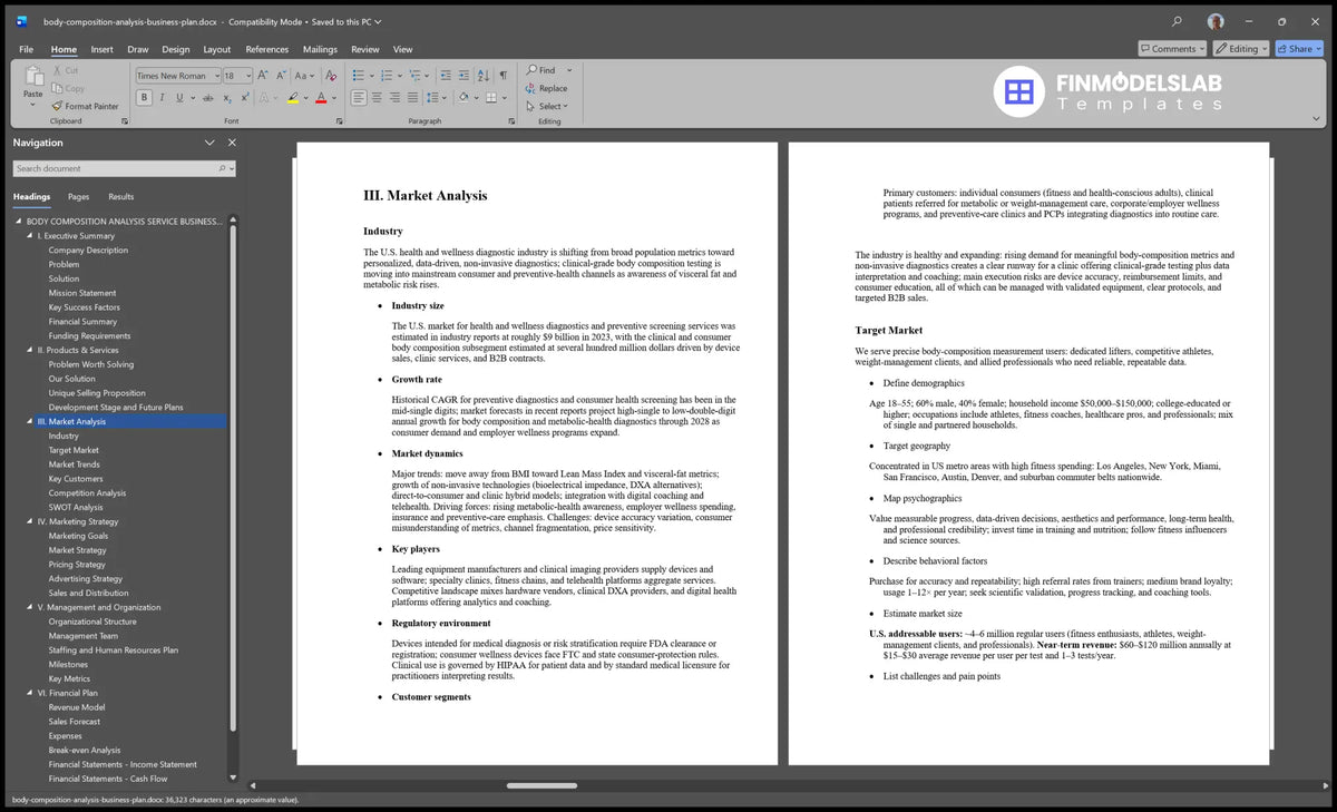 Editable Body Composition Analysis Business Plan Template