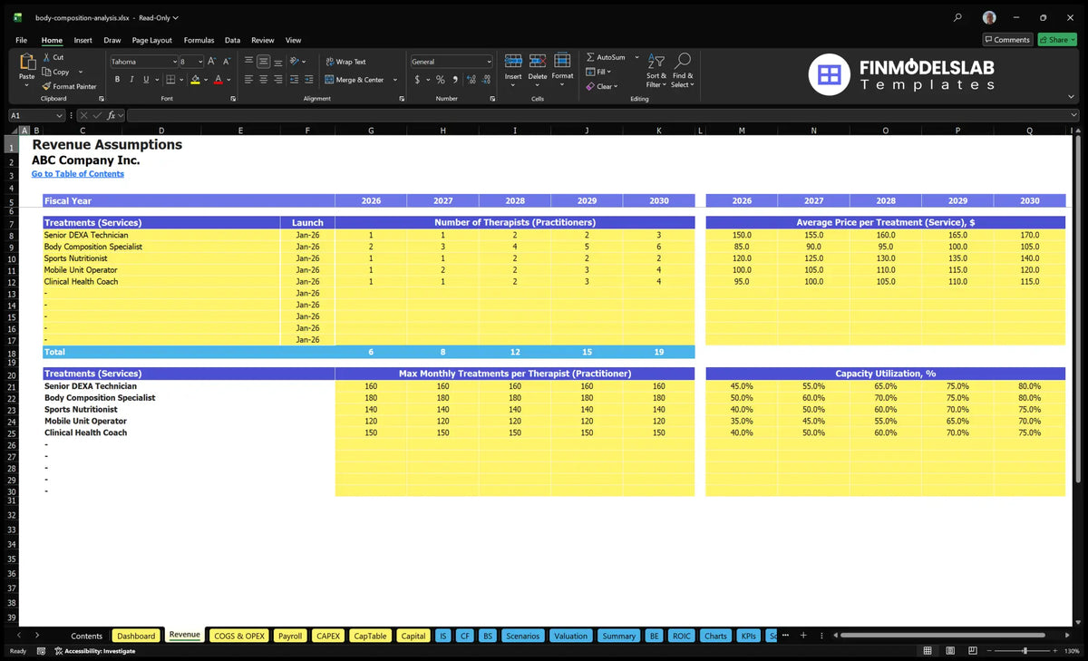 Body composition analysis Service Revenue assumptions sheet of works showing categories of services, number of practitioners, start-up date, monthly treatment capacity, prices and use