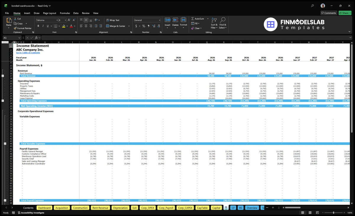 Editable Bonded Warehouse Financial Model