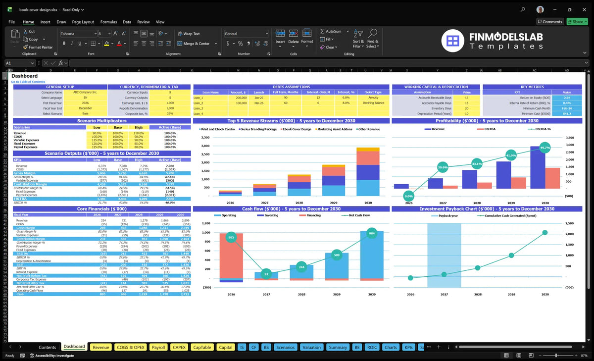 Dashboard design services covers book containing configuration controls, scenarios and results multipliers, key metrics, basic finance, mix of revenue, profitability, cash flow and return charts