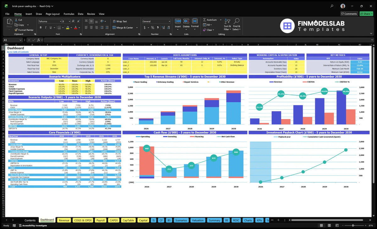 Report from the control team for the financial model of the carbon sealing service with KPIs charts, scenario checks and financial summaries