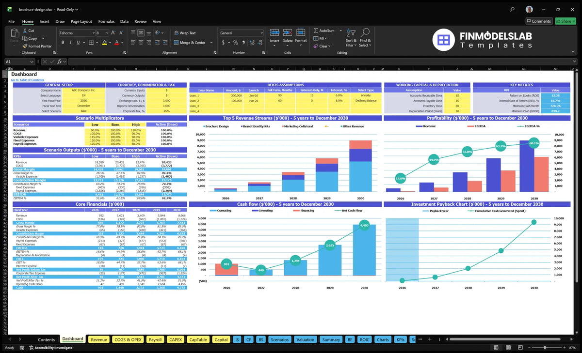 Dashboard showing model configuration, scenario multipliers, service flows revenue, profitability, cash flow, investment payback and basic financial funds