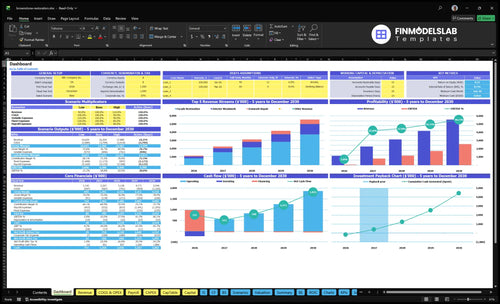 Brownstone Restoration Service Financial Model dashboard summarizes key KPIs, cash runway and performance with a dynamic dashboard, addressing cash-flow blind spots and investor-ready charts.