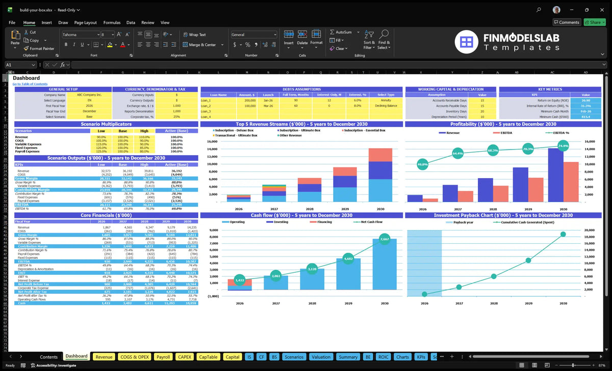 Worksheet dashboard showing configuration controls, scenario multipliers, results of KPI, basic financial data, mix revenue, profitability, cash flow and return charts.